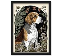 Artery8 Beagle Dog with Daisies Modern Stylised Illustration Artwork Framed Wall Art Print A4