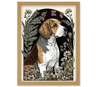 Artery8 Beagle Dog with Daisies Modern Stylised Illustration Artwork Framed Wall Art Print A4