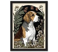 Beagle Dog with Daisies Modern Stylised Illustration Artwork Framed Wall Art Print A4 Artery8 Black One Size