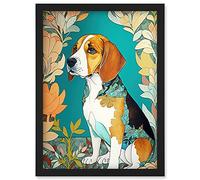 Artery8 Beagle Dog With Floral Frame and Ornate Fur Coat Colourful Modern Art Nouveau Illustration Artwork Framed Wall Art Print A4