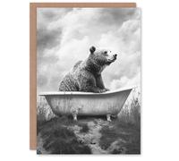 Artery8 Bear Bath in Mountain Bathtub Black White Surreal Greeting Card in Grey Artery8 Grey