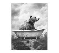 Bear Bath in Mountain Bathtub Black White Surreal Wall Art Print Artery8 Grey W24 inch x H32 inch