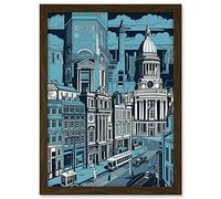 Artery8 Belfast Cityscape City Centre Hall Linocut Style Artwork Framed A3 Wall Art Print