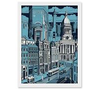 Artery8 Belfast Cityscape City Centre Hall Linocut Style Artwork Framed A3 Wall Art Print