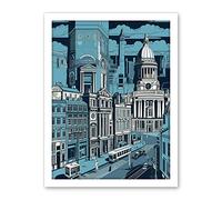 Artery8 Belfast Cityscape City Centre Hall Linocut Style Artwork Framed Wall Art Print 18X24 Inch