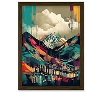 Ben Nevis and Fort William Modern Bold Landscape Artwork Framed Wall Art Print A4 Artery8 Brown One Size