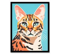 Artery8 Bengal Cat Bold Vibrant Flat Style Screen Print Risograph Artwork Spot Block Colour Duotone Retro Riso Interior Design Art Print Framed Artery8 Black A4