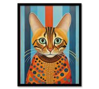 Artery8 Bengal Cat Geometric Folk Art Portrait Orange Blue Oil Painting Artwork Framed Wall Art Print A4