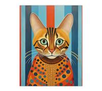 Artery8 Bengal Cat Geometric Folk Art Portrait Orange Blue Oil Painting Extra Large XL Wall Art Poster Print