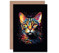Artery8 Bengal Cat Lover Gift Pet Portrait Orange Purple Blue on Black Artwork Painting Greeting Card Artery8 Multicolor