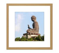 Artery8 Beria L. Rodriguez Tian Tan Buddha Statue Photo 8X8 Inch Square Wooden Framed Wall Art Print Picture with Mount in Light Oak Artery8 Light Oak