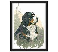 Artery8 Bernese Mountain Dog in Wild Flower Field Watercolour Illustration Artwork Framed A3 Wall Art Print