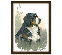 Artery8 Bernese Mountain Dog in Wild Flower Field Watercolour Illustration Artwork Framed A3 Wall Art Print