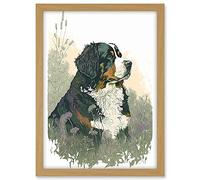 Artery8 Bernese Mountain Dog in Wild Flower Field Watercolour Illustration Artwork Framed A3 Wall Art Print