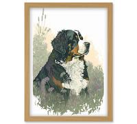 Bernese Mountain Dog in Wild Flower Field Watercolour Illustration Artwork Framed Wall Art Print A4 Artery8 Light Oak One Size