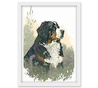 Artery8 Bernese Mountain Dog in Wild Flower Field Watercolour Illustration Artwork Framed Wall Art Print A4