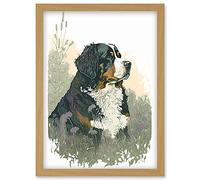 Artery8 Bernese Mountain Dog in Wild Flower Field Watercolour Illustration Artwork Framed Wall Art Print A4
