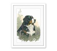 Artery8 Bernese Mountain Dog in Wild Flower Field Watercolour Illustration Artwork Framed Wall Art Print 18X24 Inch