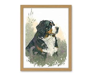 Artery8 Bernese Mountain Dog in Wild Flower Field Watercolour Illustration Artwork Framed Wall Art Print 18X24 Inch