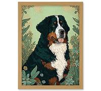 Artery8 Bernese Mountain Dog in Wildflower Field Modern Illustration Artwork Framed A3 Wall Art Print