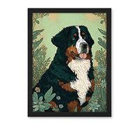 Artery8 Bernese Mountain Dog in Wildflower Field Modern Illustration Artwork Framed Wall Art Print 18X24 Inch