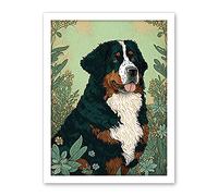 Artery8 Bernese Mountain Dog in Wildflower Field Modern Illustration Artwork Framed Wall Art Print 18X24 Inch