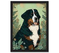 Artery8 Bernese Mountain Dog in Wildflower Field Modern Illustration Artwork Framed Wall Art Print A4