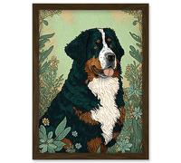 Artery8 Bernese Mountain Dog in Wildflower Field Modern Illustration Artwork Framed Wall Art Print A4