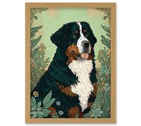 Artery8 Bernese Mountain Dog in Wildflower Field Modern Illustration Artwork Framed Wall Art Print A4