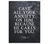 Artery8 Bible Verse Quote 1 Peter 5:7 Wall Art Print : Cast All Your Anxiety on Him Faith-Based Decor for Living Room or Bedroom Comforting Gift for Christians