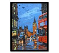 Artery8 Big Ben London on a Rainy Day Painting Iconic Framed Art Print in Blue | Size: W12" x H16" Artery8 Blue W12" x H16"