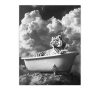 Artery8 Big Cat Lover Tiger Bathtub Black White Surreal Wall Art Print in Grey | Size: W12" x H16" Artery8 Grey W12" x H16"