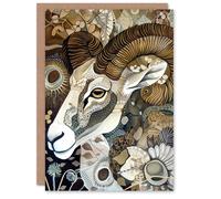 Artery8 Greeting Card Bighorn Sheep Abstract Floral Patter Folk Art Blank For Him Or Her Art Birthday Card