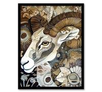 Bighorn Sheep Abstract Floral Patter Folk Art Framed Art Print Artery8 Brown A4