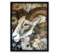 Bighorn Sheep Abstract Floral Patter Folk Art Framed Art Print Artery8 Brown A4