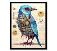 Artery8 Bird Brain Robot Hybrid Schematic Blueprint Futuristic Secret Complex Arcane Manuscript Gift For Him Man Cave Art Print Framed Poster Wall Artery8 Black W12" x H16"