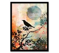 Artery8 Bird in Tree Sunset Artwork Calm Peaceful Nature Framed Art Print | Size: A4 Artery8 Multicolor A4