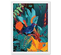 Artery8 Bird in Tropical Forest Vibrant Illustration Artwork Framed A3 Wall Art Print