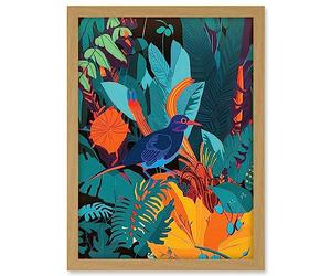 Artery8 Bird in Tropical Forest Vibrant Illustration Artwork Framed A3 Wall Art Print