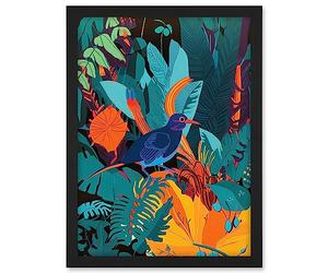 Artery8 Bird in Tropical Forest Vibrant Illustration Artwork Framed A3 Wall Art Print