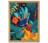 Artery8 Bird in Tropical Forest Vibrant Illustration Artwork Framed Wall Art Print A4