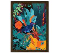 Artery8 Bird in Tropical Forest Vibrant Illustration Artwork Framed Wall Art Print A4