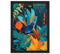 Artery8 Bird in Tropical Forest Vibrant Illustration Artwork Framed Wall Art Print A4