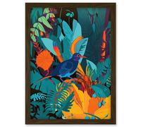 Artery8 Bird in Tropical Forest Vibrant Illustration Artwork Framed Wall Art Print A4 in Brown Artery8 Brown
