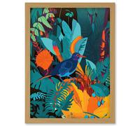 Artery8 Bird in Tropical Forest Vibrant Illustration Artwork Framed Wall Art Print A4 in Light Oak Artery8 Light Oak