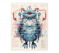 Wall Art Print Bird Robot Hybrid Schematic Blue Futuristic Secret Spy Cam Complex Arcane Manuscript Gift For Him Man Cave Poster Artery8 Multi W24 inch x H32 inch