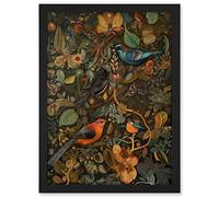 Artery8 Birds and Butterflies on Autumnal Tree Folk Art Artwork Framed A3 Wall Art Print