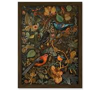 Birds and Butterflies on Autumnal Tree Folk Art Artwork Framed Wall Art Print A4 Artery8 Brown One Size