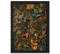 Artery8 Birds & Butterflies on Autumnal Tree Folk Art Artwork Framed Wall Art Print A4 in Black Artery8 Black