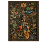 Birds and Butterflies on Autumnal Tree Folk Art Artwork Framed Wall Art Print A4 Artery8 Brown One Size